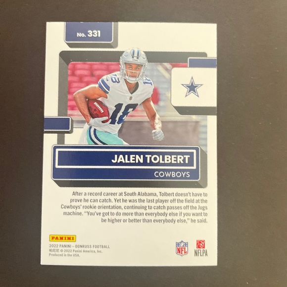 Jalen Tolbert: Dallas Cowboys, Wide Receiver 2022 Panini Rated Rookie #331 - Picture 2 of 2